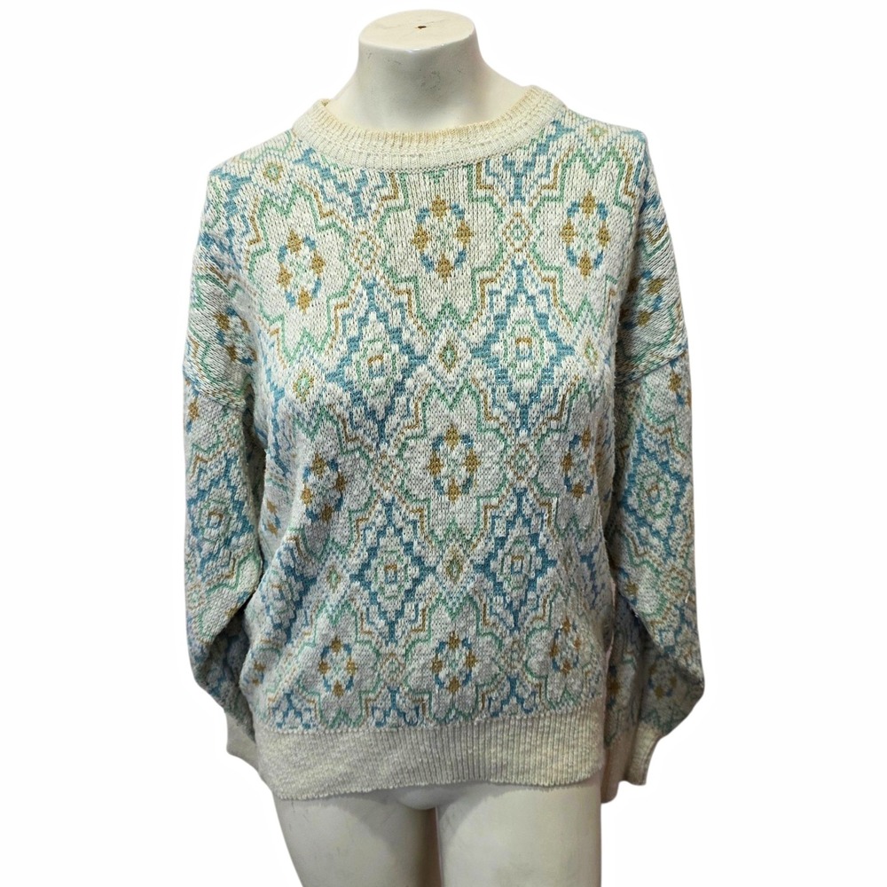 Vintage Lazarus Womens M Geometric Knit Sweater Pastel Blue Green 90s Acrylic
